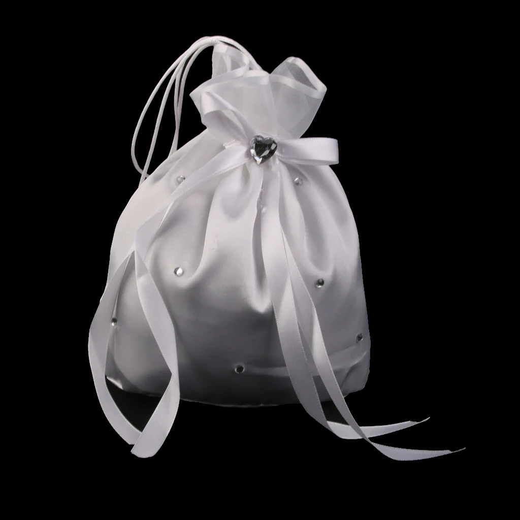 Wedding Bridal Flower Girl Drawstring Dolly Bag Crystal White Satin Handbag FOR Home Decoration