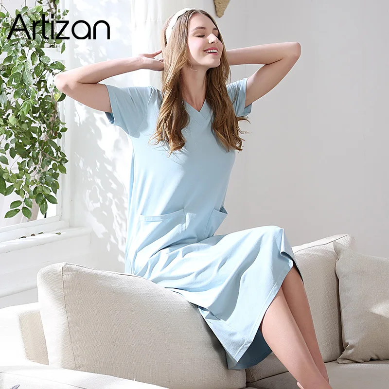 

Artizan Women's Nightgown Short Sleeves Casual Print Long Sleepwear Cotton Sleep Tee Nightshirt