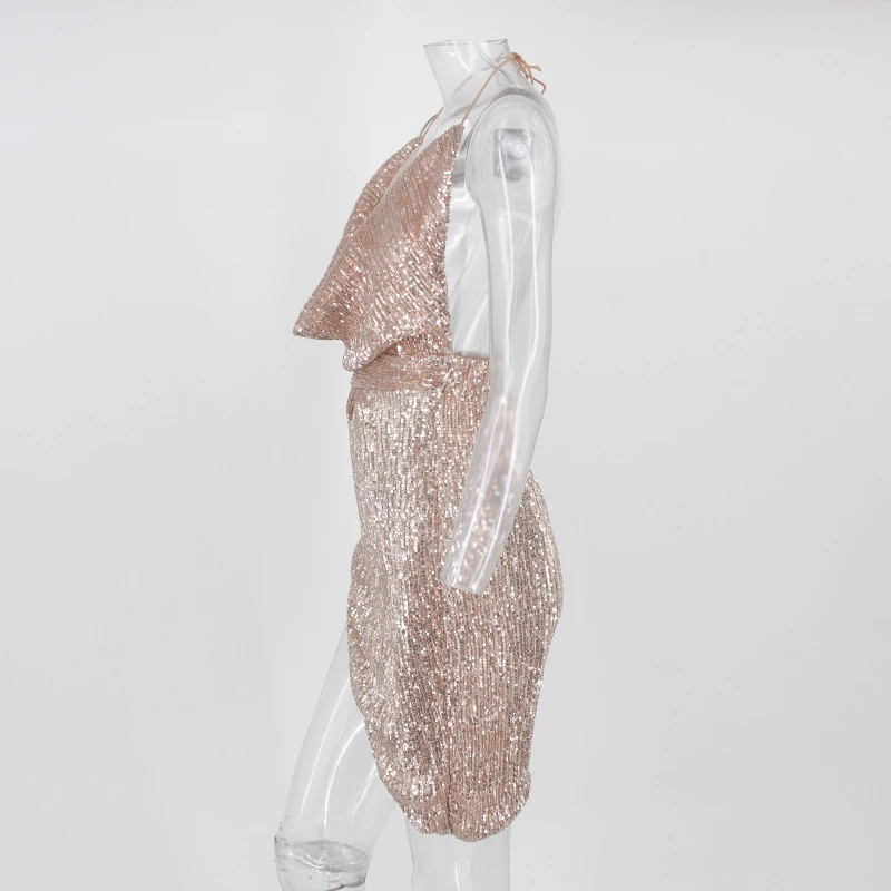 POFASH мини-платье с открытой спиной и лямкой через шею, женское модное сексуальное тонкое летнее платье с пайетками, сексуальное женское винтажное Клубное короткое платье с глубоким v-образным вырезом
