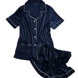 Новое поступление летние синие короткие штаны + короткий рукав футболки; Бесплатная доставка Двойка пижамы наборы шелковый атлас Ночное