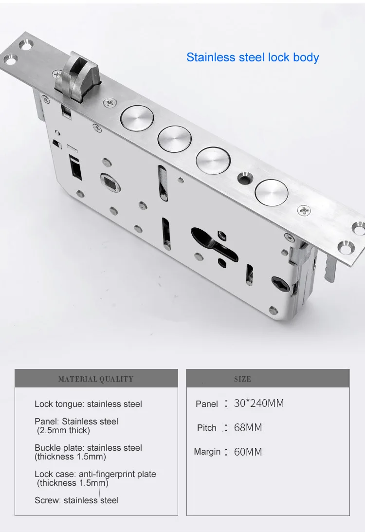 Security door stainless steel lock body,pitch size 6068, for Intelligent fingerprint, Lift up, lock& Push down, open