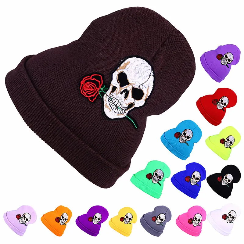 

CRUOXIBB Men Women Warm Winter Hat Knit Hats Girls Skull and Red Rose Cap Autumn Winter Fashion Beanies Casual Knitted Caps