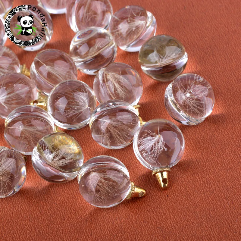 

5pcs Round Glass Bead Charm Pendant with Dried Flower Clover Dandelion Inside for Necklace Jewelry DIY 22~23x15mm