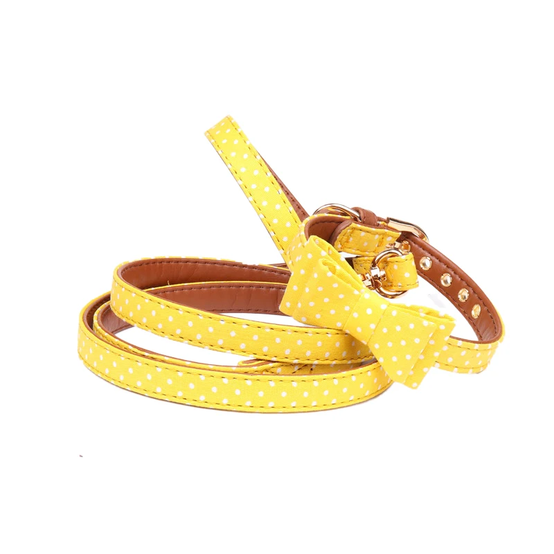 pawstrip 4 Colors Dot Small Dog Collar Bandana Soft Leather Dog Leash Cute Bow Cat Collar Pet Teacup Chihuahua Collar Leash Lead