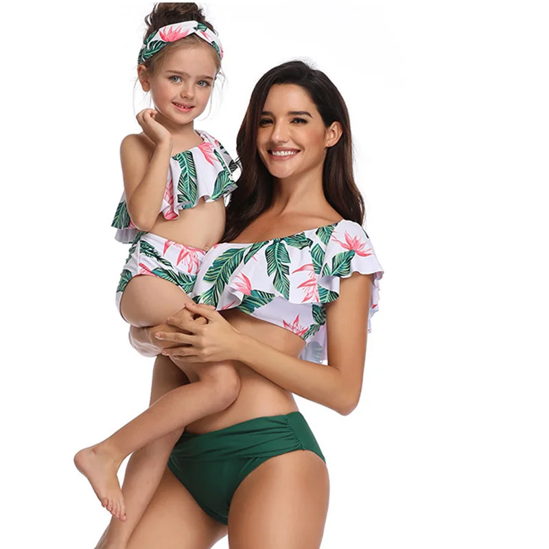 Купальник с оборками для мамы и ребенка, 2 предмета, купальник, винтажный принт, сексуальная одежда для мамы и ребенка размера плюс, пляжная одежда, купальный костюм с высокой талией, XL - Цвет: Зеленый