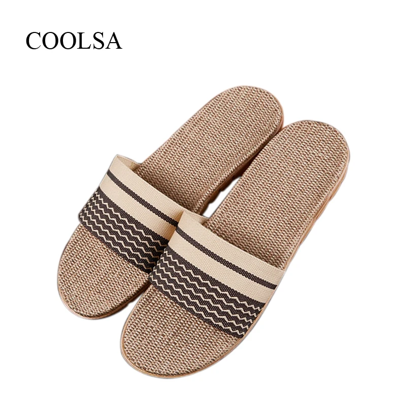 

COOLSA Men's Flax Slippers Breathable Non-slip Linen Slippers Striped Flip Flops Indoor Floor Slippers Brand Men Hemp Slides Hot