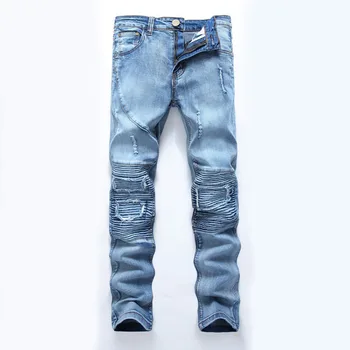 

2019 men hit the high street hole jeans are hip hop high elastic light blue slim sanding Mens pants pants