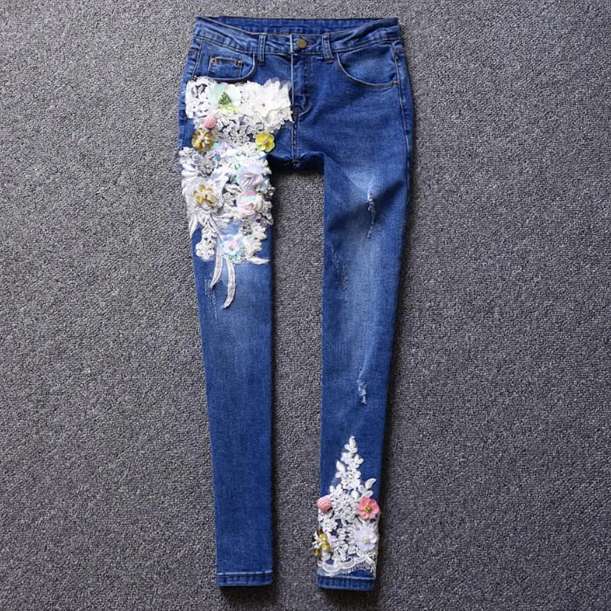 Осенние и зимние ретро джинсы с вышивкой, женские джинсы с цветами, блестками и бриллиантами, обтягивающие джинсы-карандаш размера плюс
