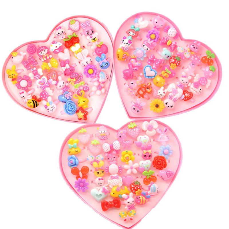 

36pcs/Set Children Girls' Cartoon Rings Kids Rings for Girls Flower Cartoon Animal Ring Finger Rings with Heart Display Box