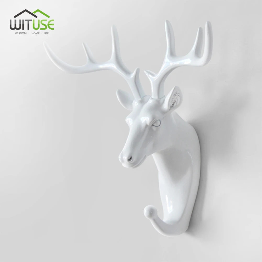 Изготовленный олень, носорог, слон, жираф, лошадь, животное, декоративный крючок, креативная модель из смолы, настенный крючок для ванной комнаты, настенный крючок - Цвет: White Deer Head