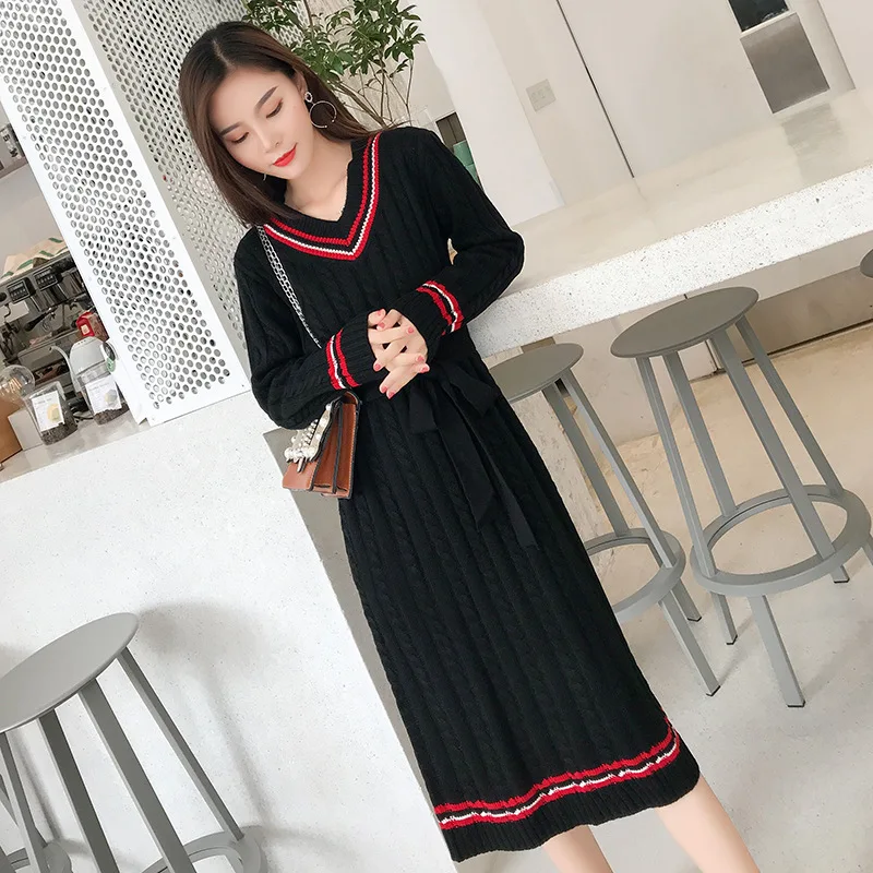 

2018 Winter Autumn Sweater Dress Women A-line V-neck Knitted Sweater Elegant Long Dresses Student Casual Slim Women Dresses