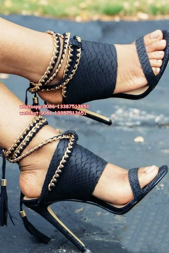 

Metal Chain Fringed Crocodile Leather Stiletto Ankle Wrap Sandals Lace Up Open Toe High Heels Shoes Party Dress Lady Pumps Shoes
