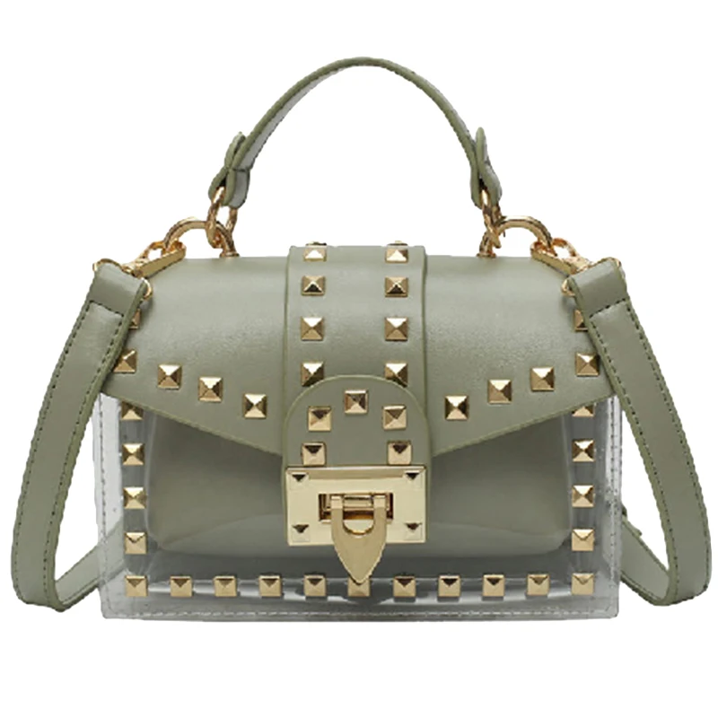 

Women Messenger Bags PU+PVC Transparent Jelly Bag Summer Girl Fashion Rivet Chains Beach Shoulder Bag Flap