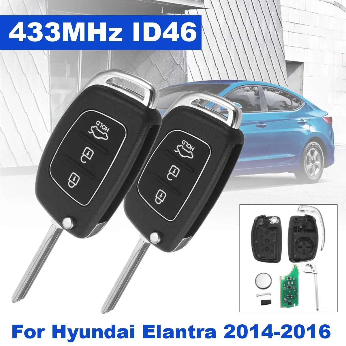 2Pcs 3 Button Folding Car Remote Key Fob w Battary 433MHz ID46 Chip font b Battery