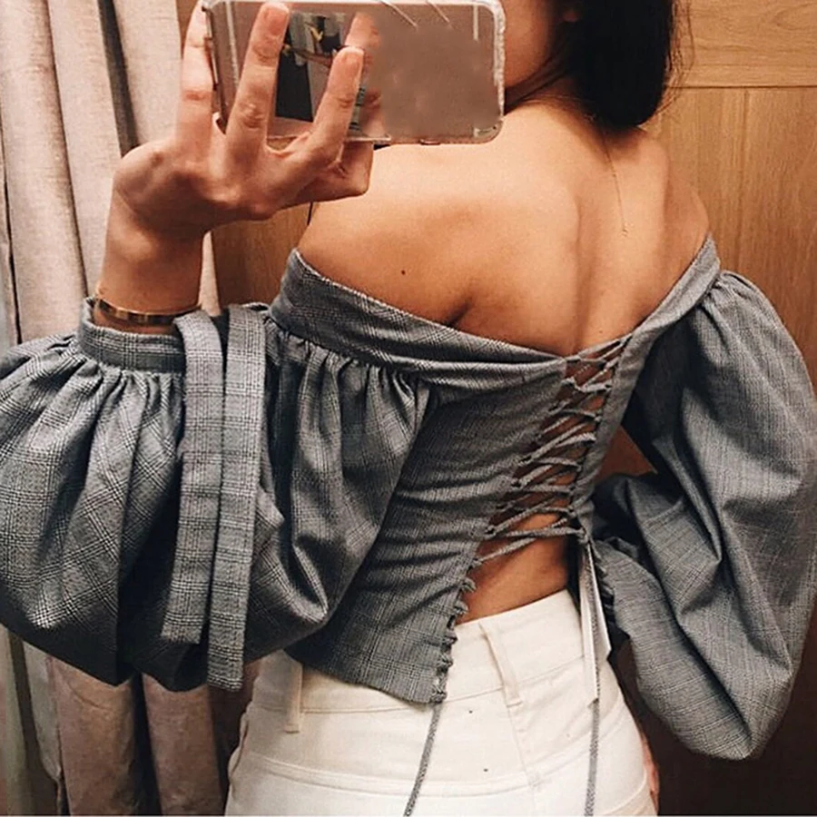 2018 Autumn Vintage Palace Plaid Shirts Lantern Sleeve Off Shoulder Slash Neck Backless Cross Drawstring Sexy Women Blouse Blouses