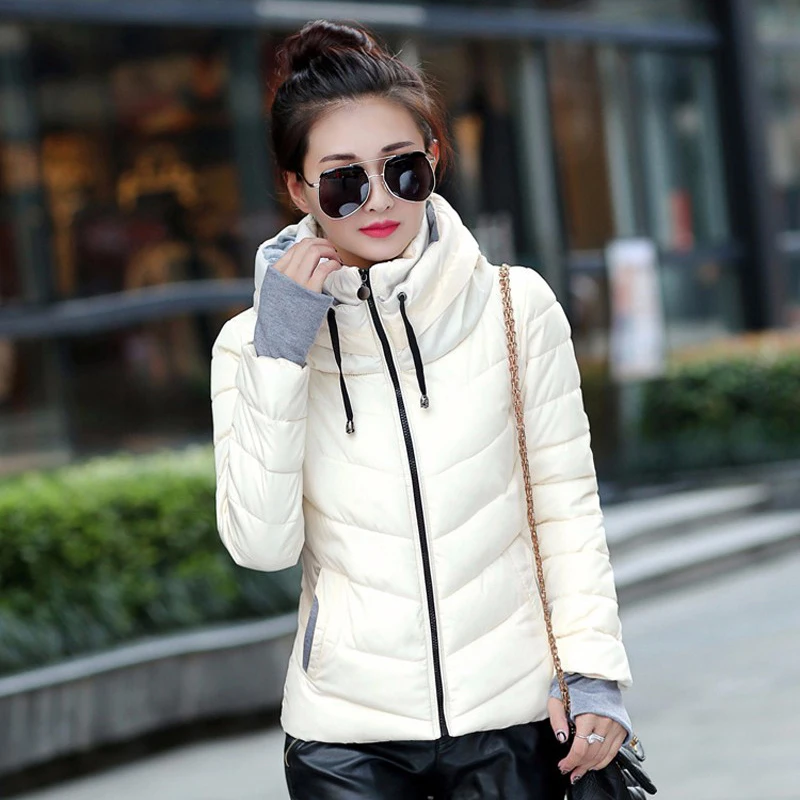 Теплая зимняя женская куртка большого размера, женская одежда, плотная верхняя одежда, одноцветные пальто с капюшоном, короткие женские тонкие базовые Топы с хлопковой подкладкой - Цвет: Белый