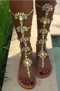 

2017 Gold Women Sandals Rhinestone Flat Gladiator Sandals Summer Women Shoes Sandalia Feminina Women Shoes Plus Size Crystal