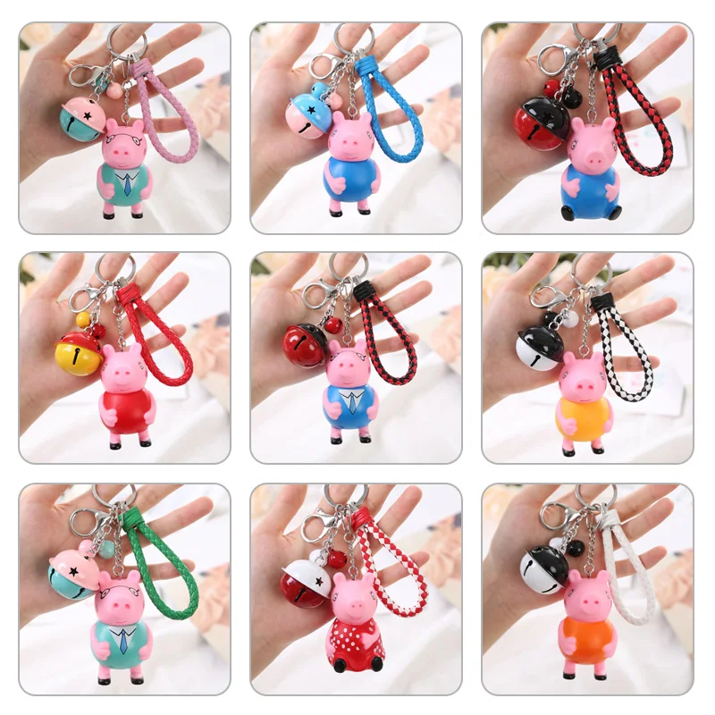 

Hot Sale Peppa Pig Keychain Set Hand-knitted Leather Cord PVC Metal Material Cartoon Action Figure Model Pendant Car Key Jewelry