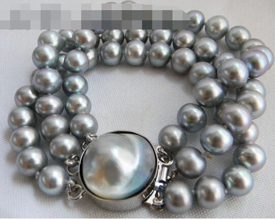 

09526 3Strands Gray Round Freshwater Pearl Mabe Clasp Bracelet