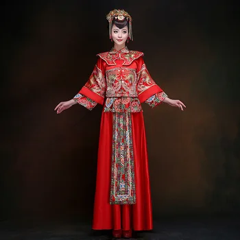 

Ancien Embroidery Phoenix&dragon Qipao Full Length Marriage Suit Chinese Traditional Bride Wedding Party Dress Vintage Cheongsam