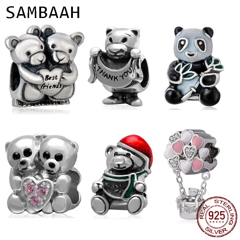 

Sambaah Best Friend Bears Charms 925 Sterling Silver Bear Hug Pink Heart Beads for Original Pandora DIY Animal Bracelet Jewelry