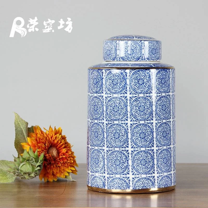 

RZKA161080 High temperature fired round gold line blue and white floral sealed tin jar