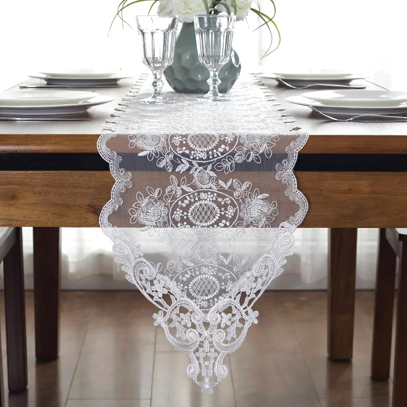 Embroidered Lace Table Runner TV Bench Stand End Table Cover Decoration 30cm x 70 90 120 150 180 210 250 280cm White Champagne