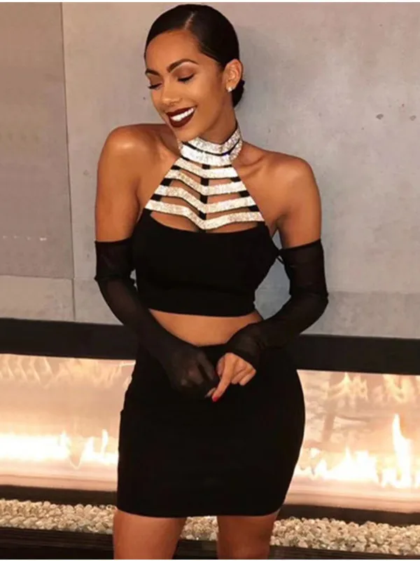

2019 Black long sleeved 2 piece set white diamond bandage dress Sexy evening Party Bodycon wholesale womens clothing autumn s