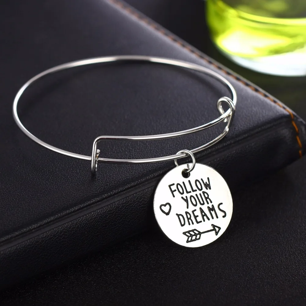 

"Follow Your Dreams" Arrow Charm Heart Pendant Expandable Wire Bangle Charm Bracelet Silver Jewelry Gifts For Women Men Presents