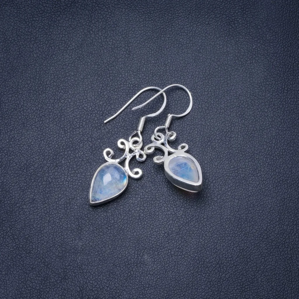 

Natural Rainbow Moonstone Handmade Unique 925 Sterling Silver Earrings 1.25" Y0443