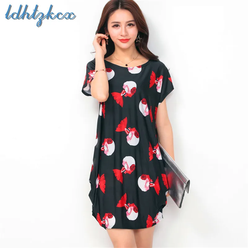 

Ladies Large Size Loose Floral Mini-dress 2018 Summer New Fashion Casual Multicolors Print Thin Breathable Ice Ribbon Dress CX46