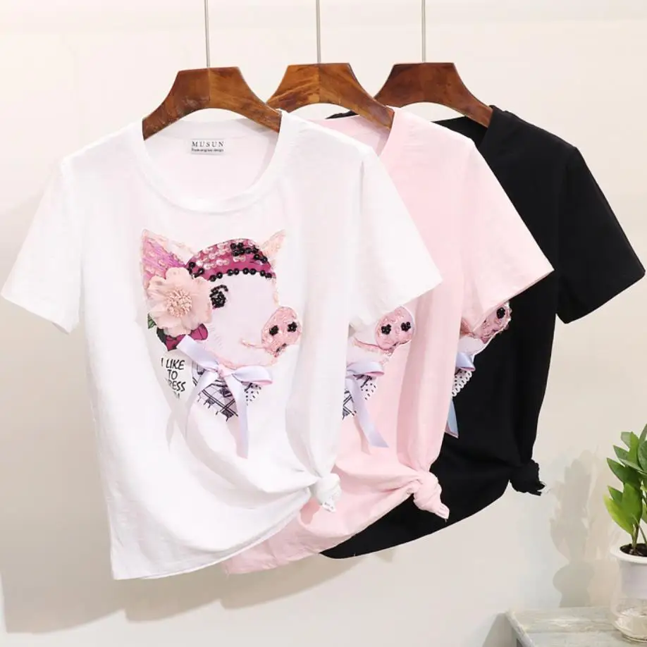 2022 summer fashion new beaded sequins cartoon pig printed short-sleeved T-shirt tops women