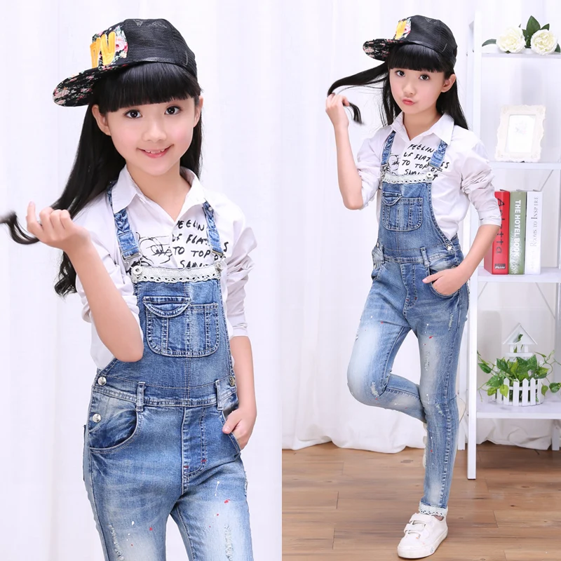 2018 autumn children's clothes girls jeans casual lace denim blue girl jeans overalls for girls big kids jeans long trousers