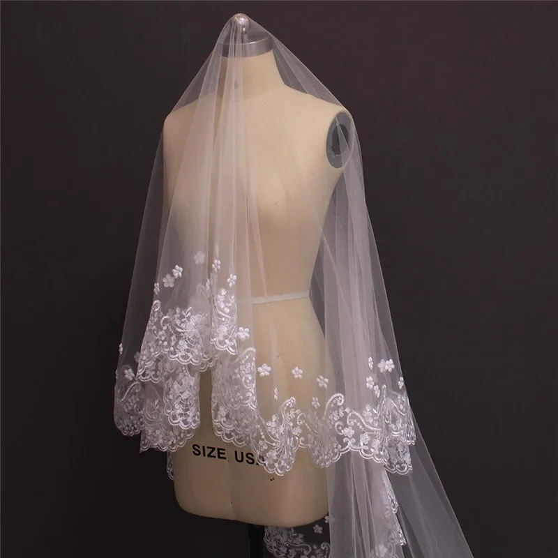 2019 реальные фотографии один Слои кружевной каймой Жемчужный Цветок из бисера Свадебные вуаль без гребня роскошная, для невесты вуаль