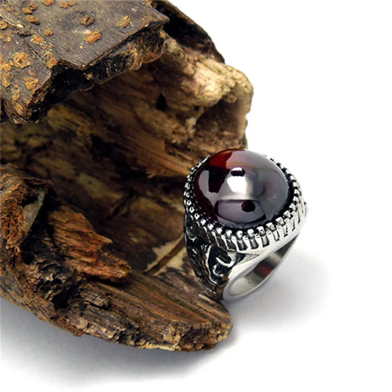Modyle Vintage Design Black Red Stone Mens Ring Stainless Steel Punk Jewelry Big Stone Rings for Men Never Fade