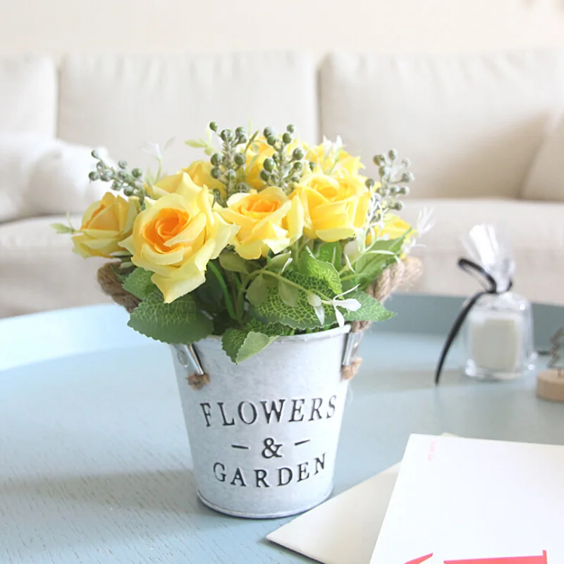 

Artificial Silk Rose Flowers with Iron Pot Mini Bonsai Plant Real Touch Fake Flowers for Wedding Decoration Home Garden Decor