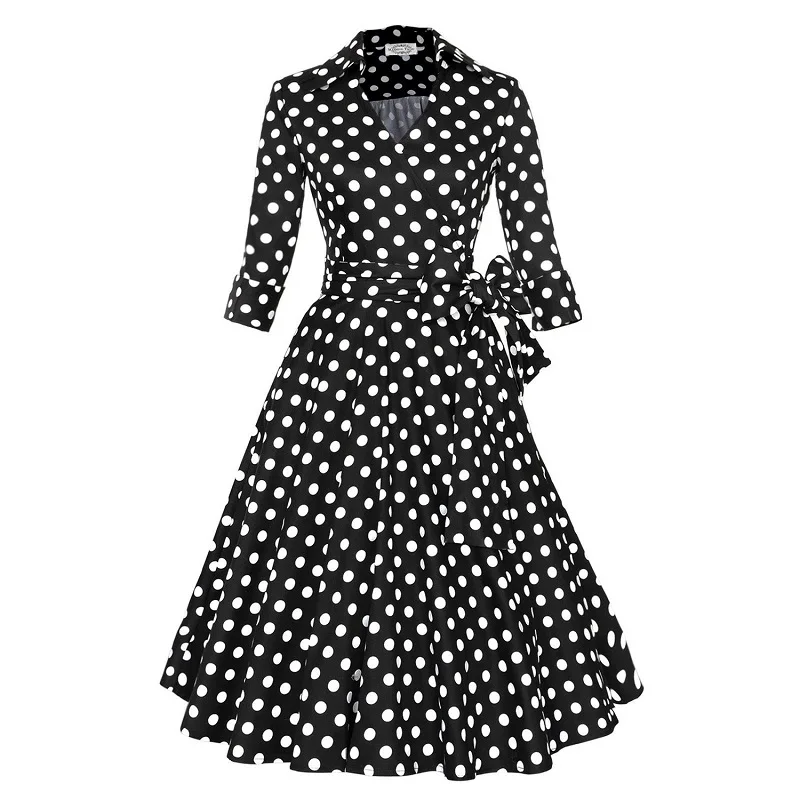 

robe vintage rockabilly sukienka Women long sleeve bow lace-up shirt collar polka dot print swing wrap dress Retro black frocks