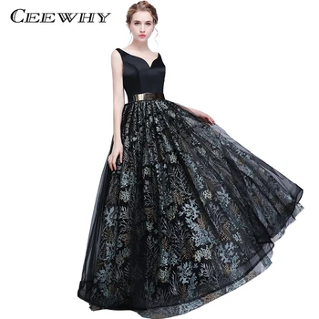 

CEEWHY Double Shoulder Sexy Backless Black Prom Dresses V-Neck Evening Gown Luxury Floral Evening Dress Robe de Soiree Longue