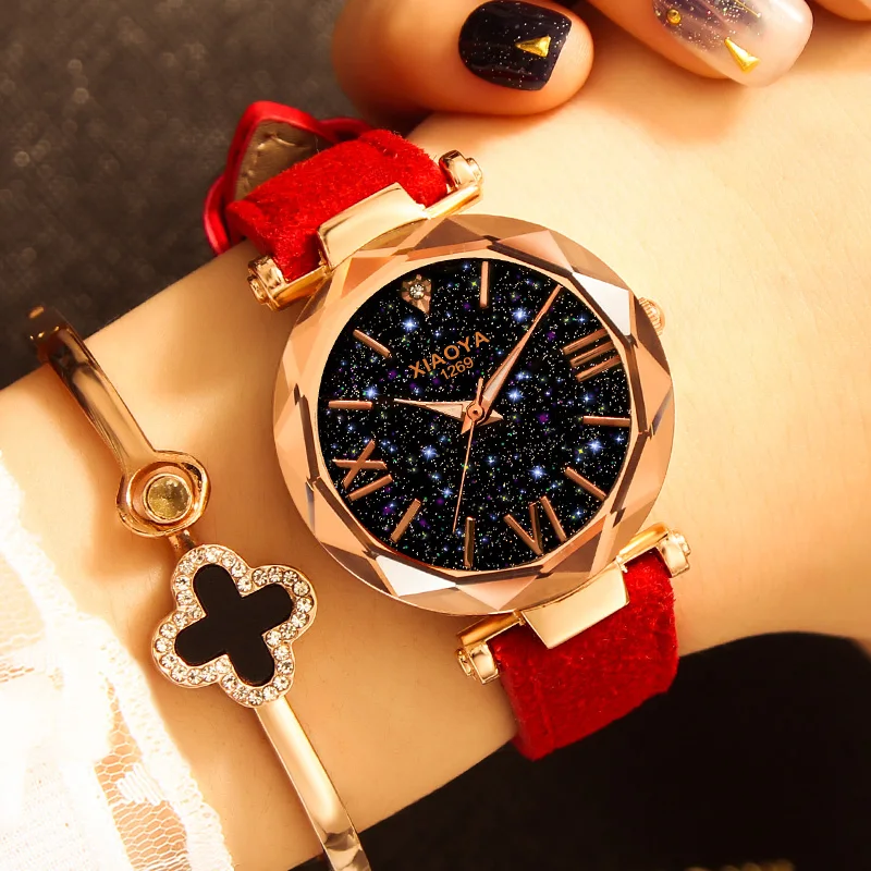 New Fashion XIAOYA Brand Rose Gold Leather Watches Personality Romantic Starry Sky Wrist Watch casual dress quartz wristwatch 