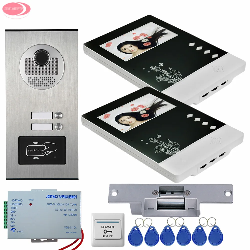 Best For 2 Apartments Home Video Door Phone +RFID Access Door Camera Video Intercom With 2 Monitors +Electric Strike Lock System Unit