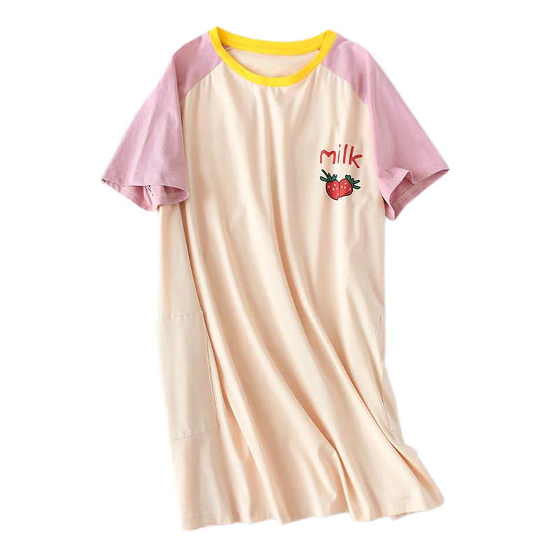 

Plus size Sweet strawberry loose sleepdress women sleepwear nightdress 100% knit cotton cute short sleeve nightgowns for women