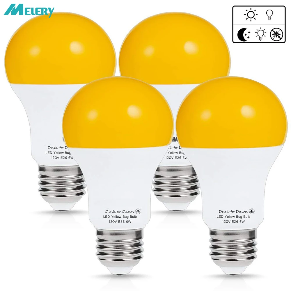 

LED Sensor Light BulbsSmart Lighting Amber Dusk to Dawn A19 Porch Security Outdoor 2000K 40W Auto on/off E26 500 Lumens-4PACK