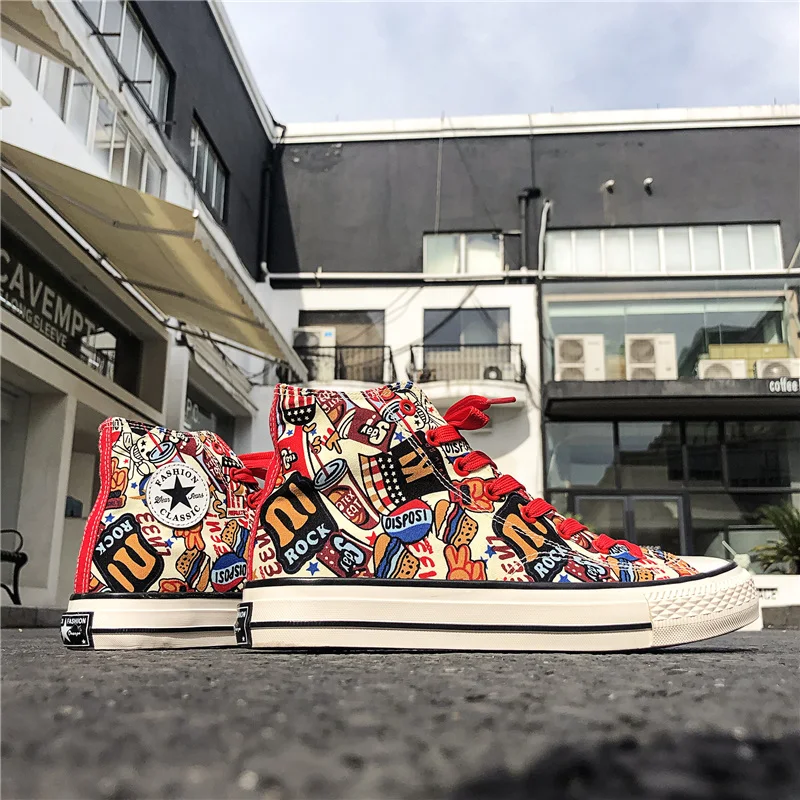 

Rommedal high-top canvas shoes men graffiti individual flat vulcanize male shoes 2019 new fashion walking sneakers drop shipping