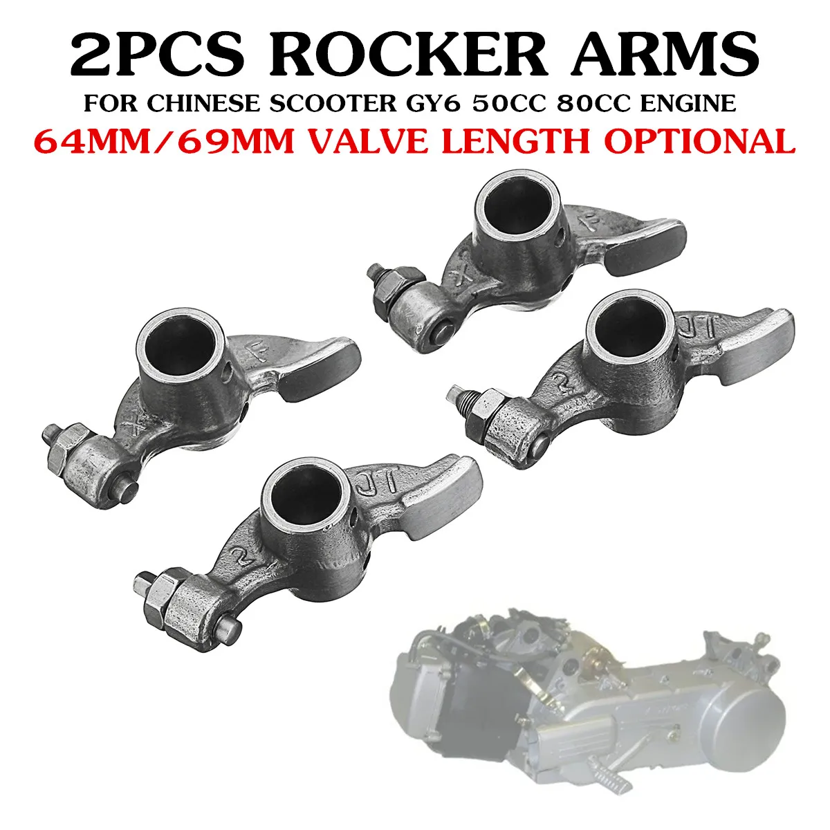 2 Pcs Rocker Arms 64mm/69mm Valve Length for Chinese Scooter GY6 50cc