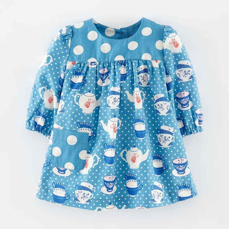 

Little maven 2-7Years Baby Kids Girls Wave Point Dress For Spring Autumn Children's Kids Girl's Long Sleeve Pocket Elegant Dress