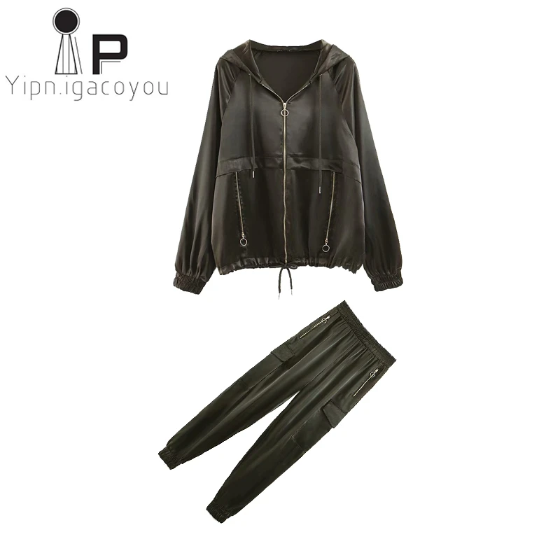 

Summer Women Set Vintage Contrast Color Baseball Hooded Pullover Jacket Women Tops And Pencil Jogging Pants Suit Two Piece Set