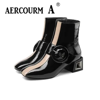 

Aercourm A Women Mid-calf Boots Stripe Black Women Shoes Winter Shoes Women Patent Leather Boots Zip Middle Heel Shoes 34-43