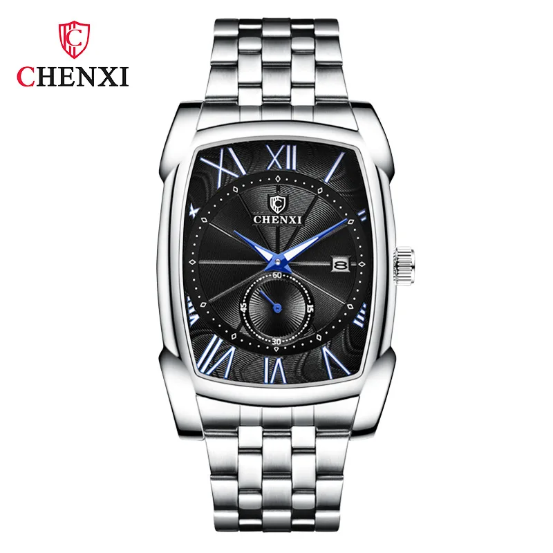 CHENXI мужские прямоугольные часы, синие, серебряные, нержавеющая сталь, деловые мужские часы, секундомер, Водонепроницаемые Ретро античные часы для мужчин - Цвет: Черный
