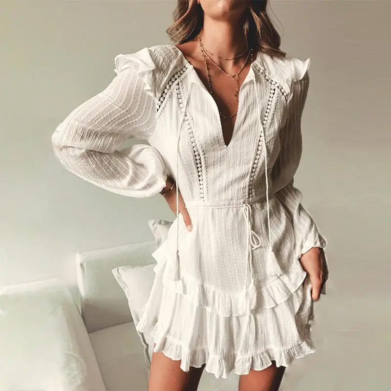 

Mossha Hollow out tassel mini dress Autumn 2019 sexy backless white dresses female Lantern sleeve ruffles casual dress vestidos