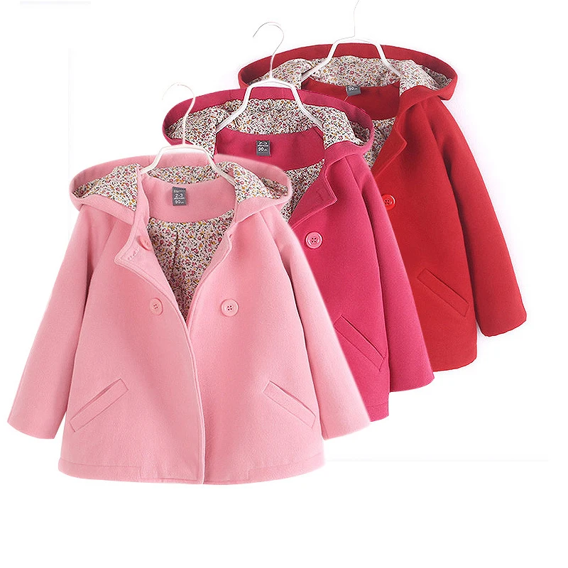

girls windbreaker Autumn and winter trench 2-7 Y Korean Oblique pocket hot sale coat Double-breasted woolen coat with hood